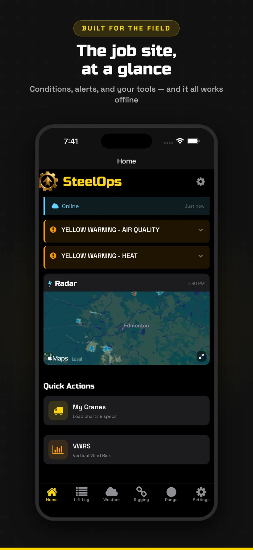 SteelOps home screen — the job site at a glance