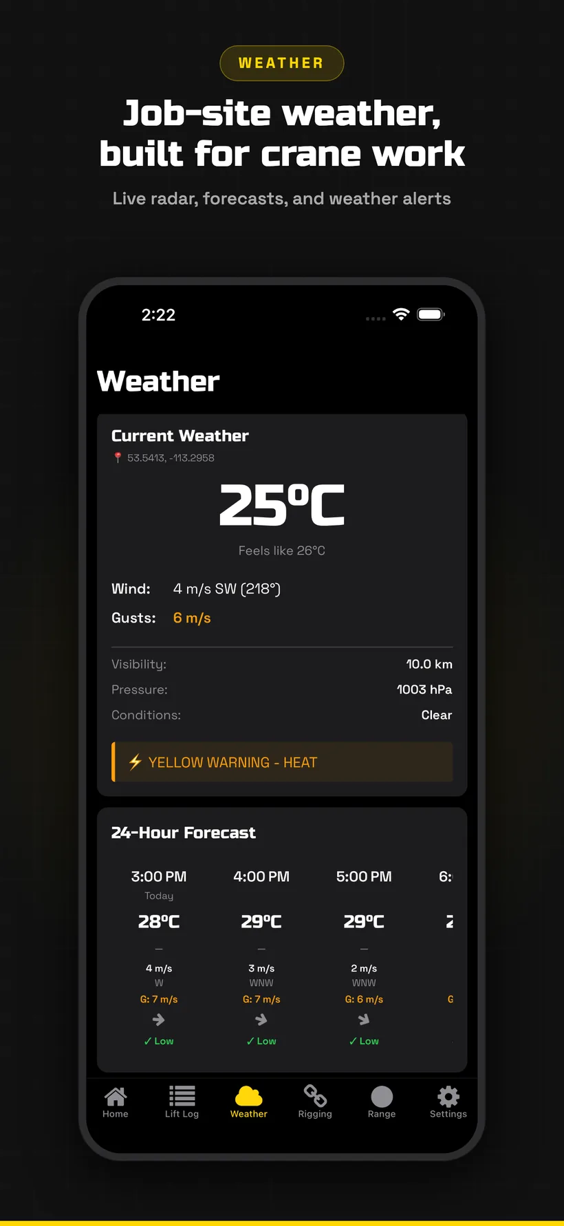 Job-site weather with live radar and forecasts